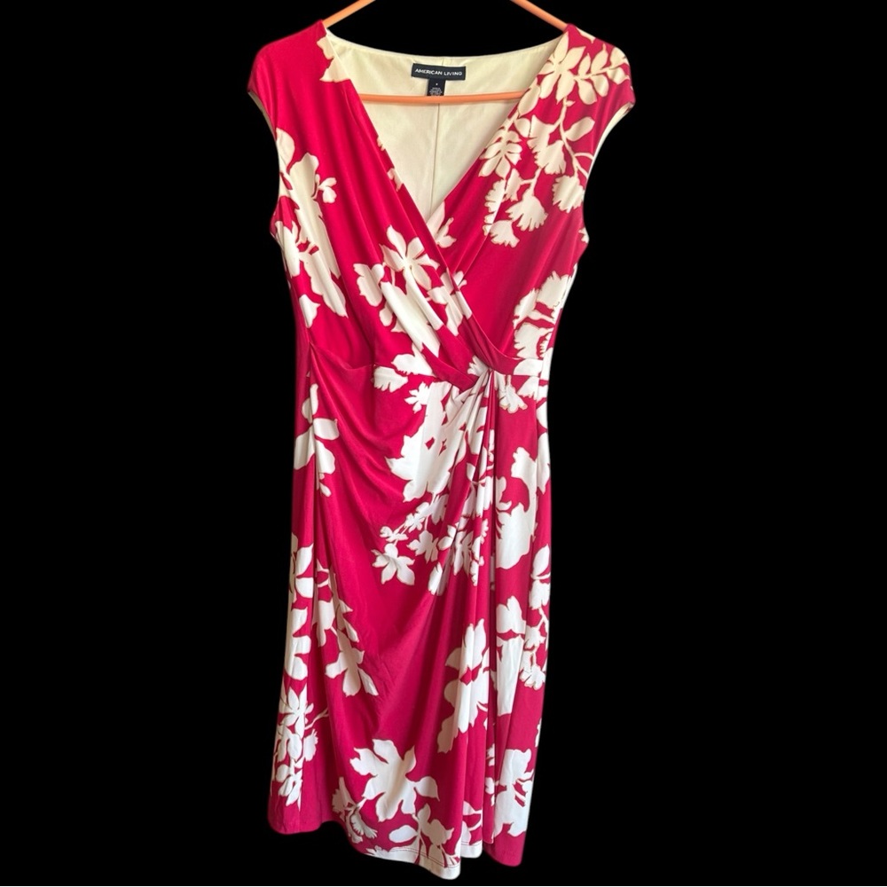 American Living Pink & White Floral Faux-Wrap Midi Dress